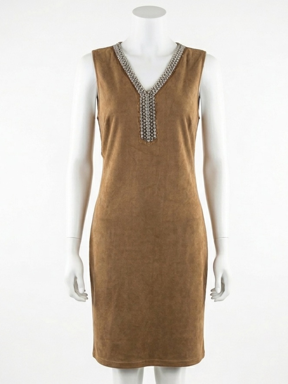 Spense Tan Faux Suede Embellished V Neck Sleeveless Sheath Dress Womens Size 10P